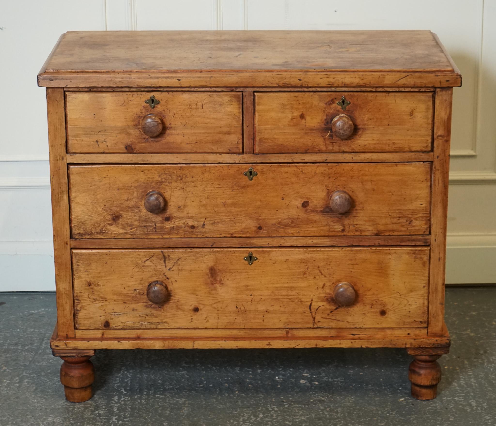 Hand-Crafted ANTIQUE LATE VICTORIAN PINE CHEST OF DRAWERS WITH ORIGiNAL TURNED WOODEN HANDLES