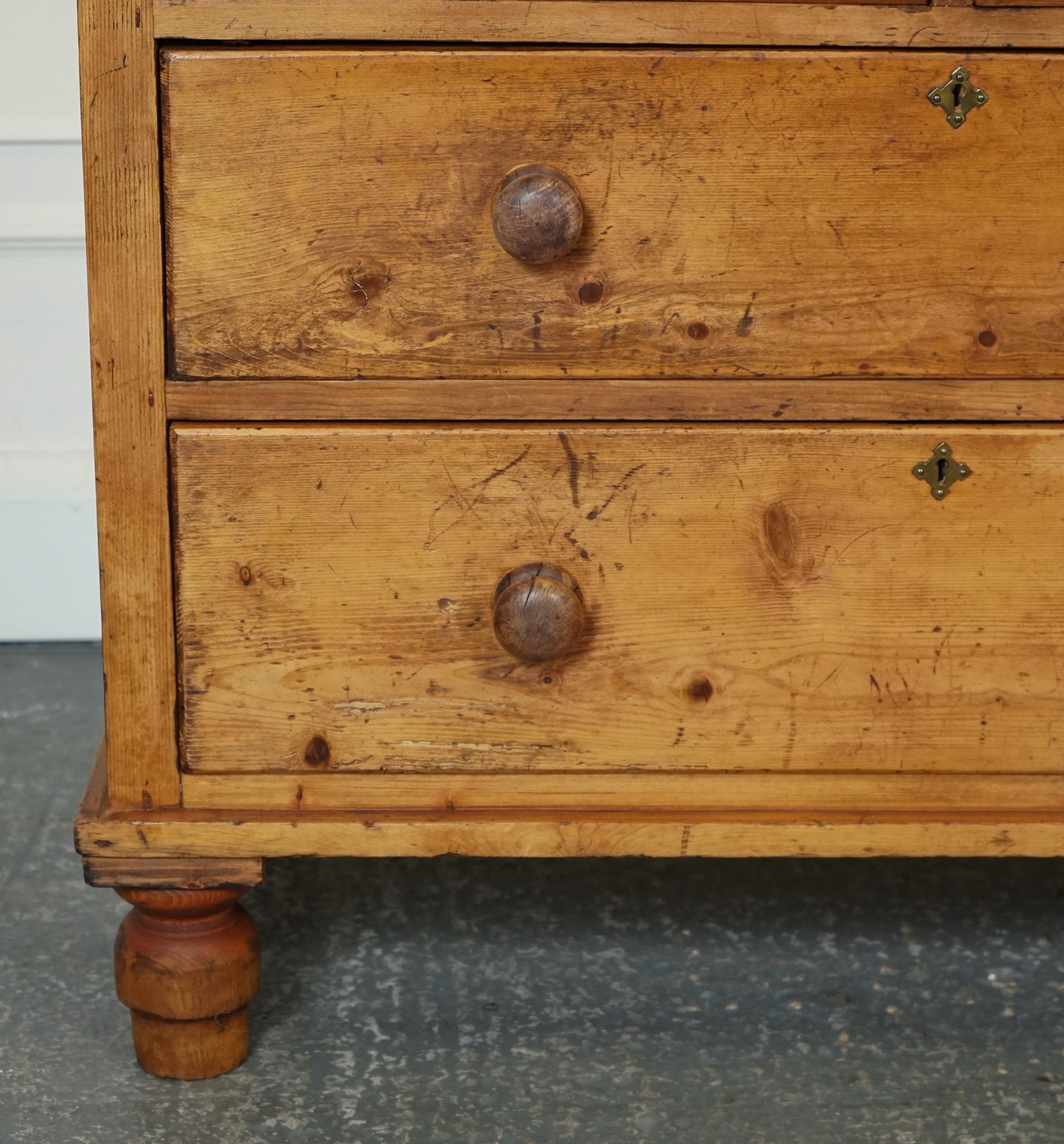 Pine ANTIQUE LATE VICTORIAN PINE CHEST OF DRAWERS WITH ORIGiNAL TURNED WOODEN HANDLES