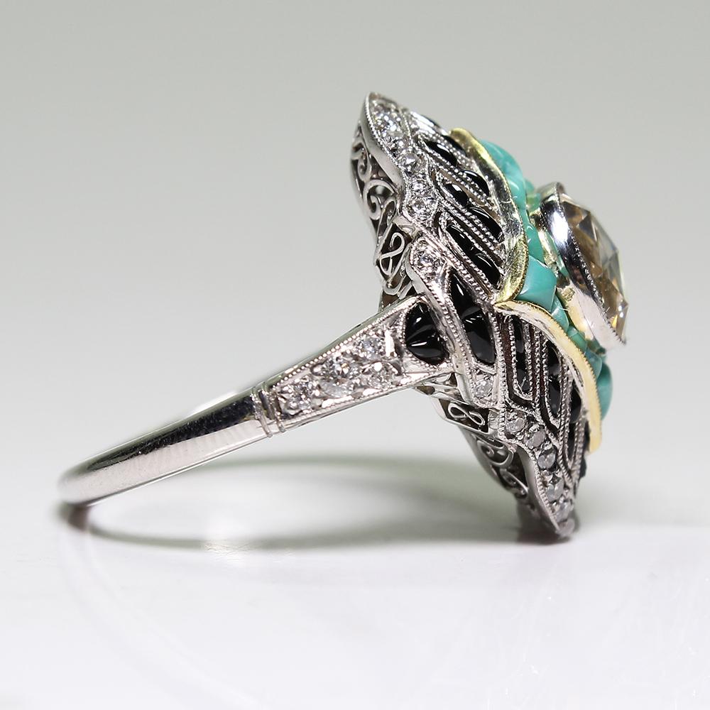 Rose Cut Antique Late Victorian Platinum 1.42 Carat Diamond – Turquoise and Onyx Ring
