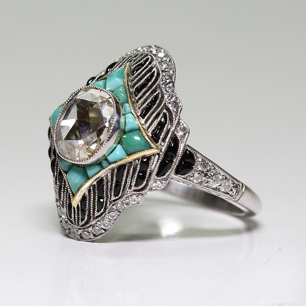 Women's or Men's Antique Late Victorian Platinum 1.42 Carat Diamond – Turquoise and Onyx Ring