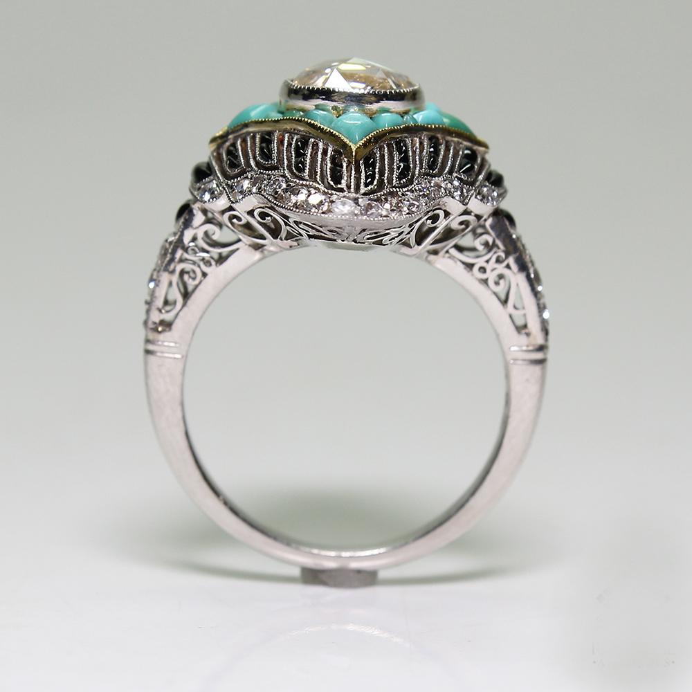 Antique Late Victorian Platinum 1.42 Carat Diamond – Turquoise and Onyx Ring 1