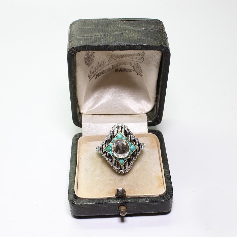 Antique Late Victorian Platinum 1.42 Carat Diamond – Turquoise and Onyx Ring 3