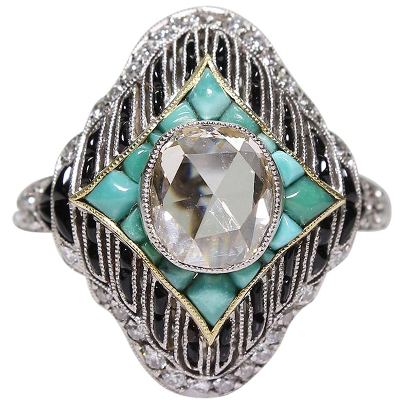 Antique Late Victorian Platinum 1.42 Carat Diamond �– Turquoise and Onyx Ring
