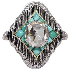 Antique Late Victorian Platinum 1.42 Carat Diamond – Turquoise and Onyx Ring