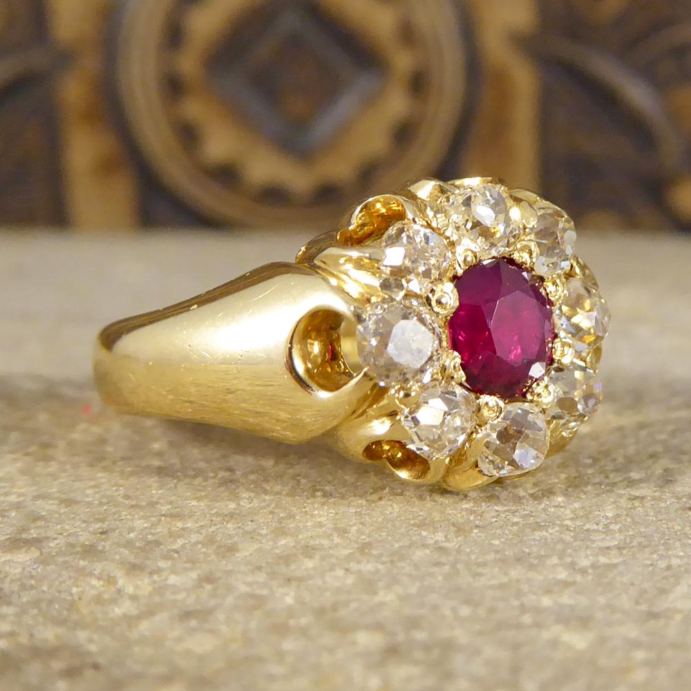 This radiant antique ring has been created in the Late Victorian era with clear hallmarks on the inner band. The ring is highlighted with a 0.70ct Ruby in the centre with 8 old cut Diamond surrounding it in a claw setting and made up of 18ct Yellow