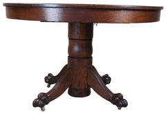 Antique Late Victorian Round Oak Claw Foot Pedestal Dining Table