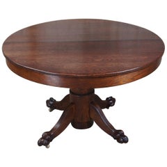 Antique Late Victorian Round Oak Claw Foot Pedestal Dining Table