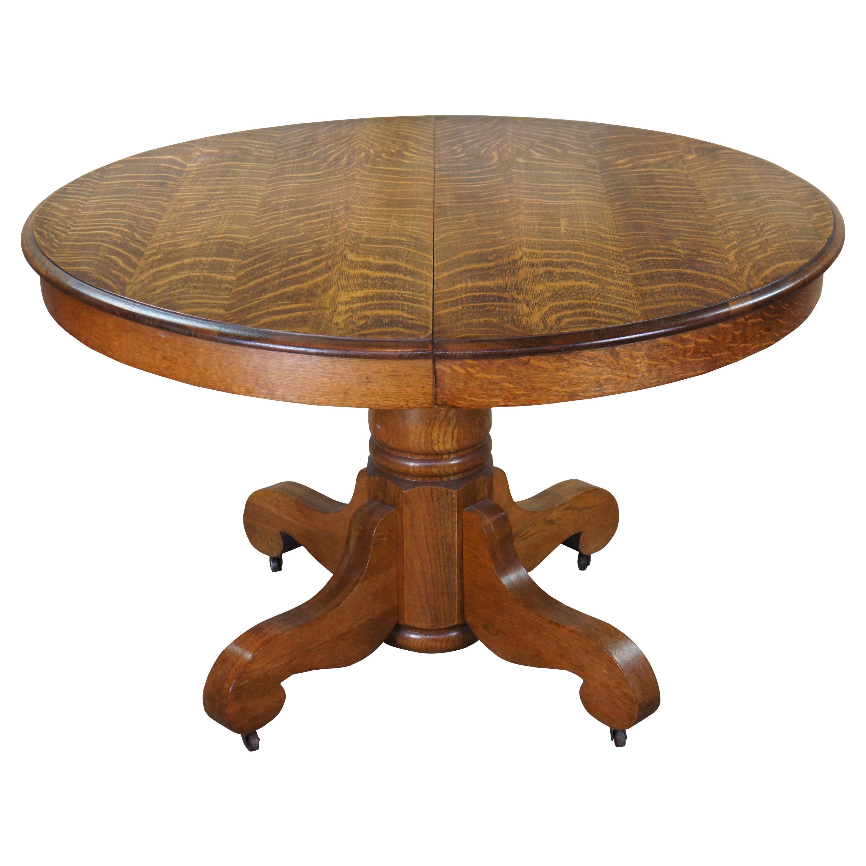 Antique Late Victorian Round Quartersawn Oak Empire Pedestal Dining Table