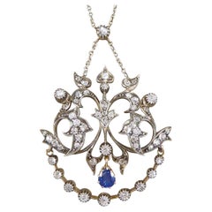 Antique Late Victorian Sapphire & 1.08ct Diamond Necklace Gold Back Silver Front