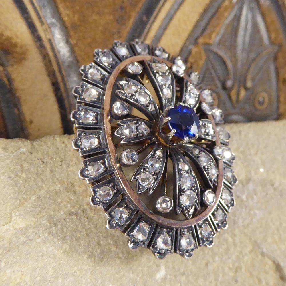Rose Cut Antique Late Victorian Sapphire and Diamond Cluster Brooch Gold and Silver