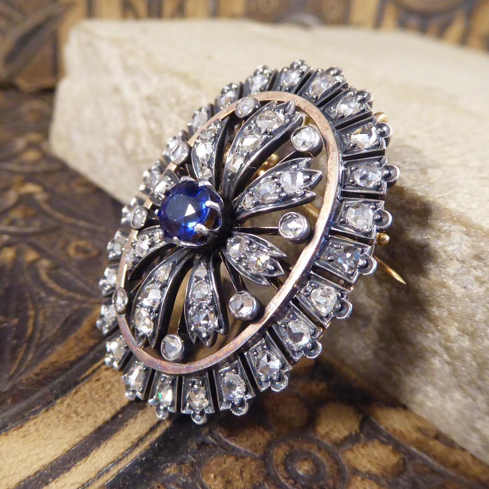 Antique Late Victorian Sapphire and Diamond Cluster Brooch Gold and Silver 1
