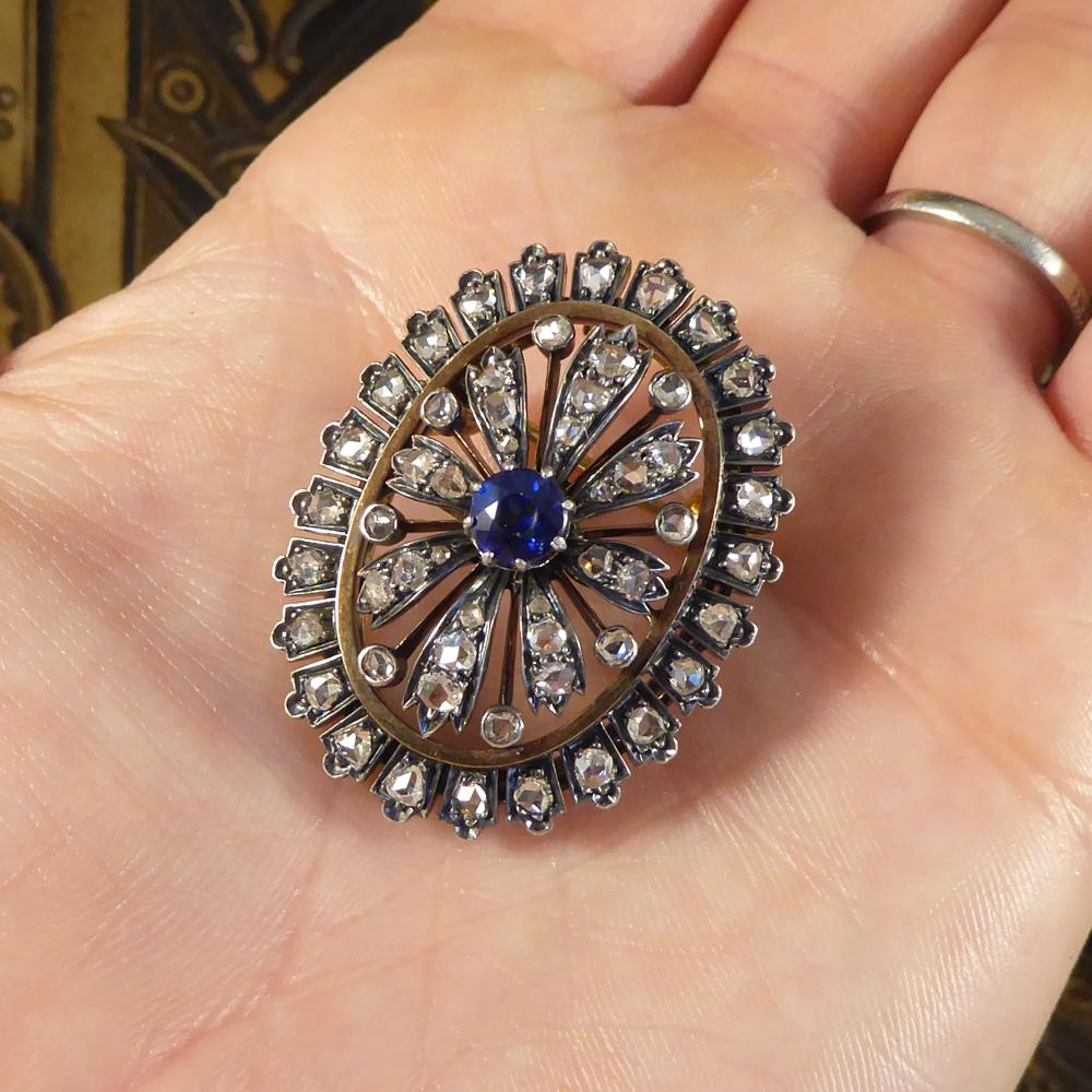Antique Late Victorian Sapphire and Diamond Cluster Brooch Gold and Silver 2