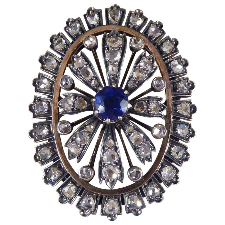 Antique Late Victorian Sapphire and Diamond Cluster Brooch Gold and Silver