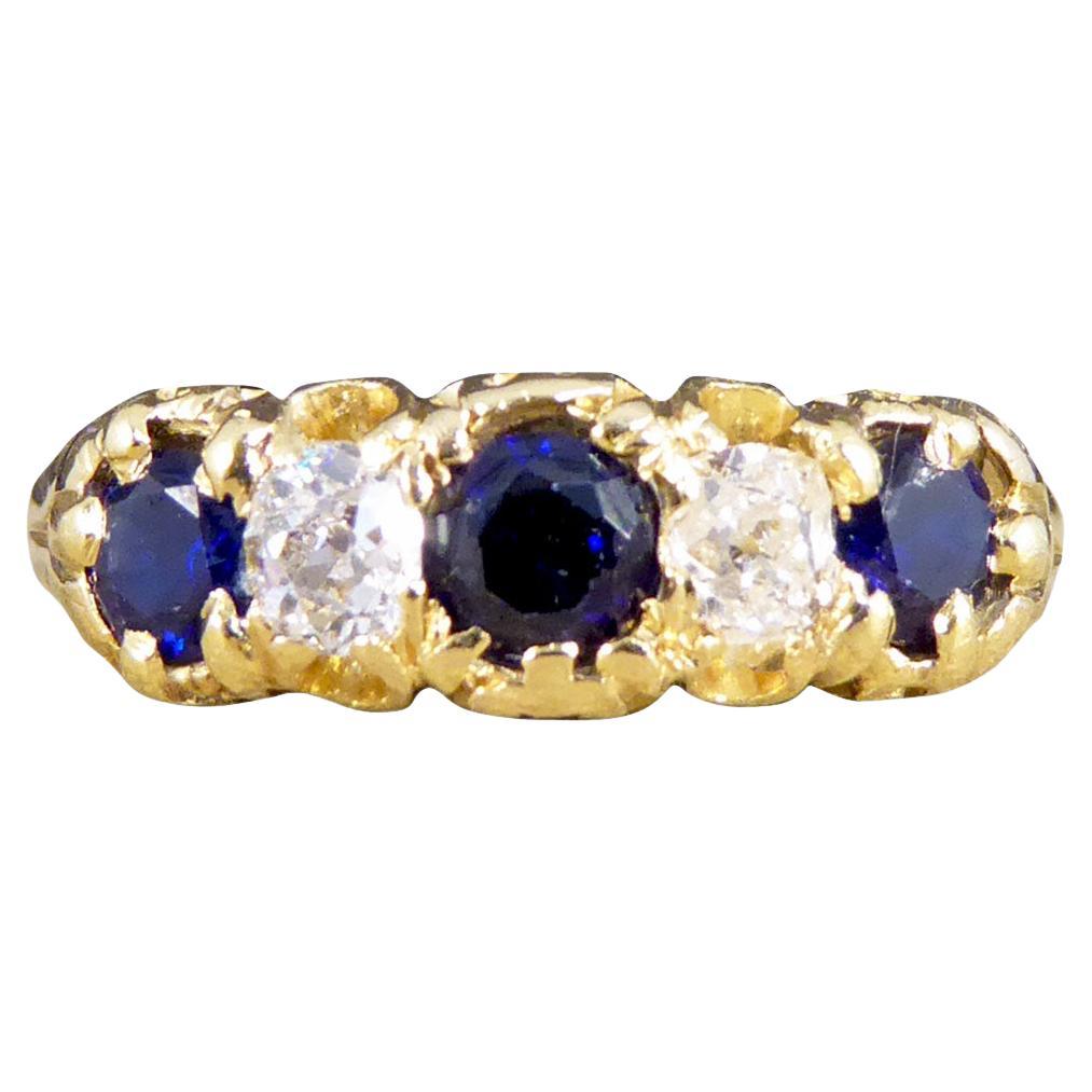 Antique Late Victorian Sapphire and Diamond Five Stone Ring in 18ct Yellow Gold For Sale