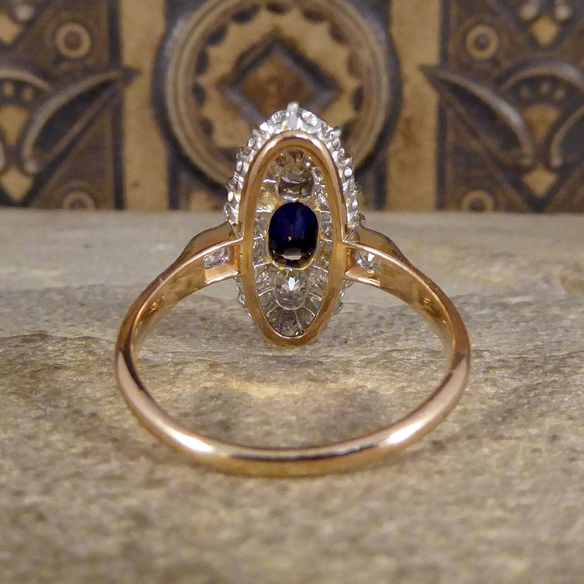 Antique Late Victorian Sapphire and Diamond Marquise Ring in 18ct Trio Gold In Good Condition In Yorkshire, West Yorkshire