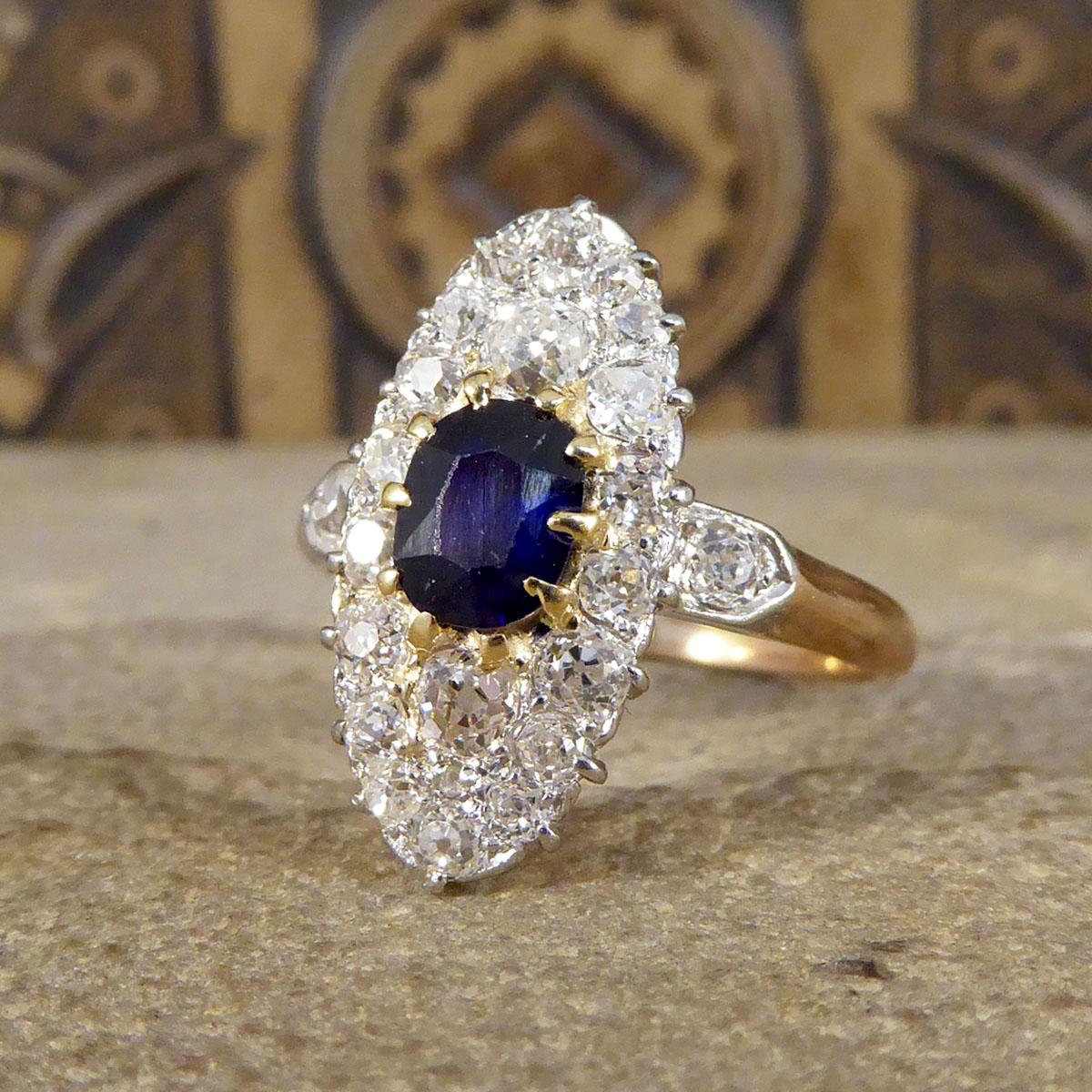 Women's or Men's Antique Late Victorian Sapphire and Diamond Marquise Ring in 18ct Trio Gold