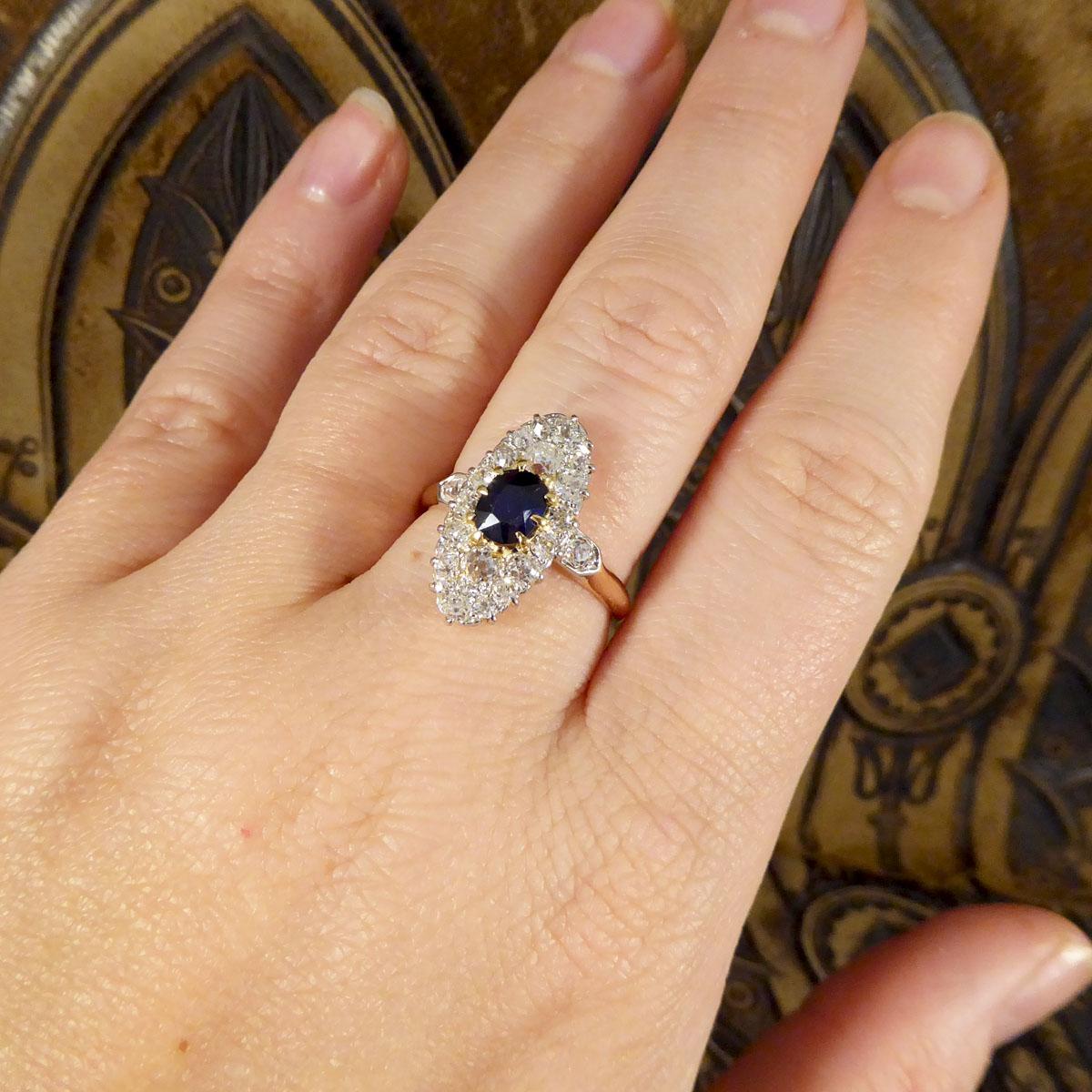 Antique Late Victorian Sapphire and Diamond Marquise Ring in 18ct Trio Gold 1