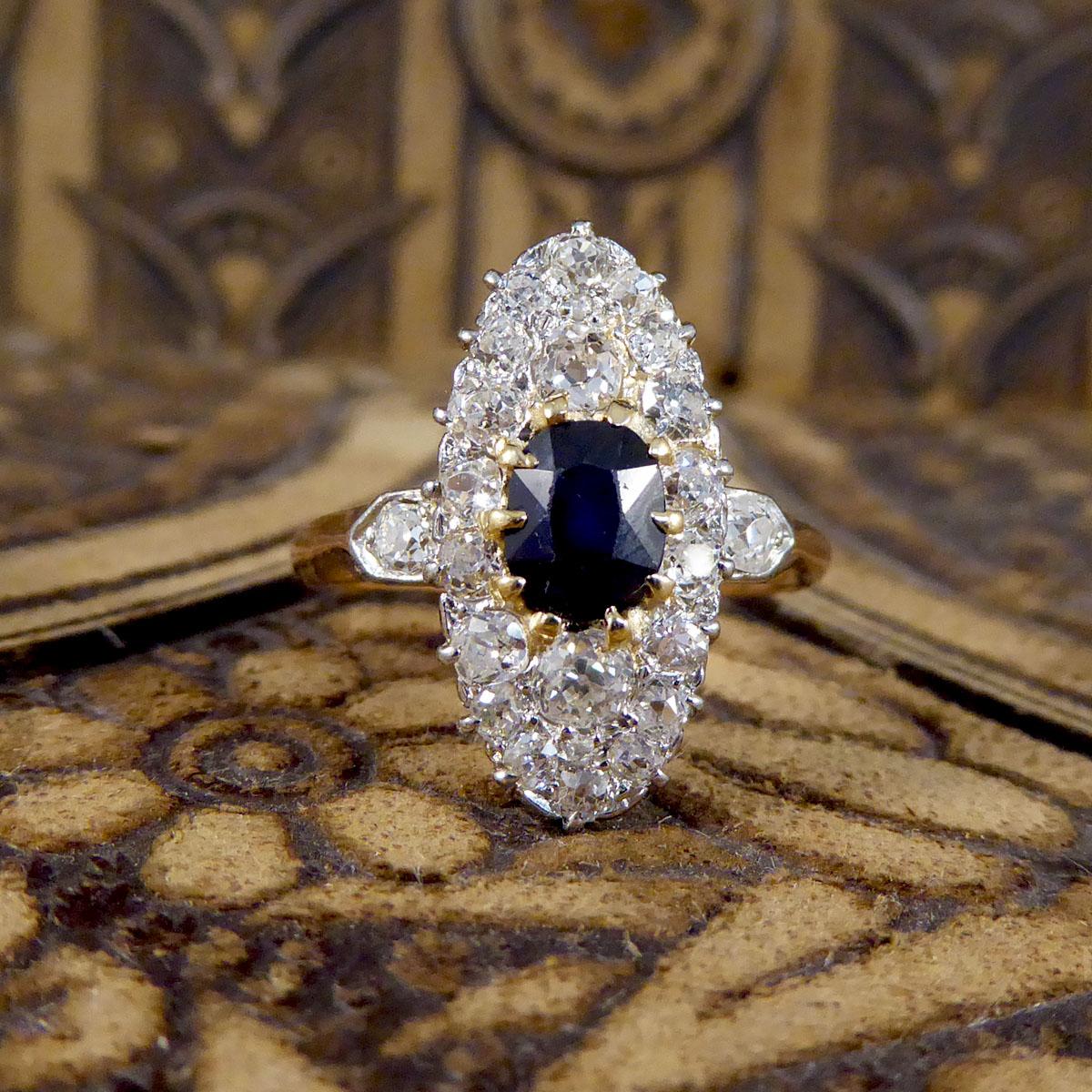 Antique Late Victorian Sapphire and Diamond Marquise Ring in 18ct Trio Gold 2