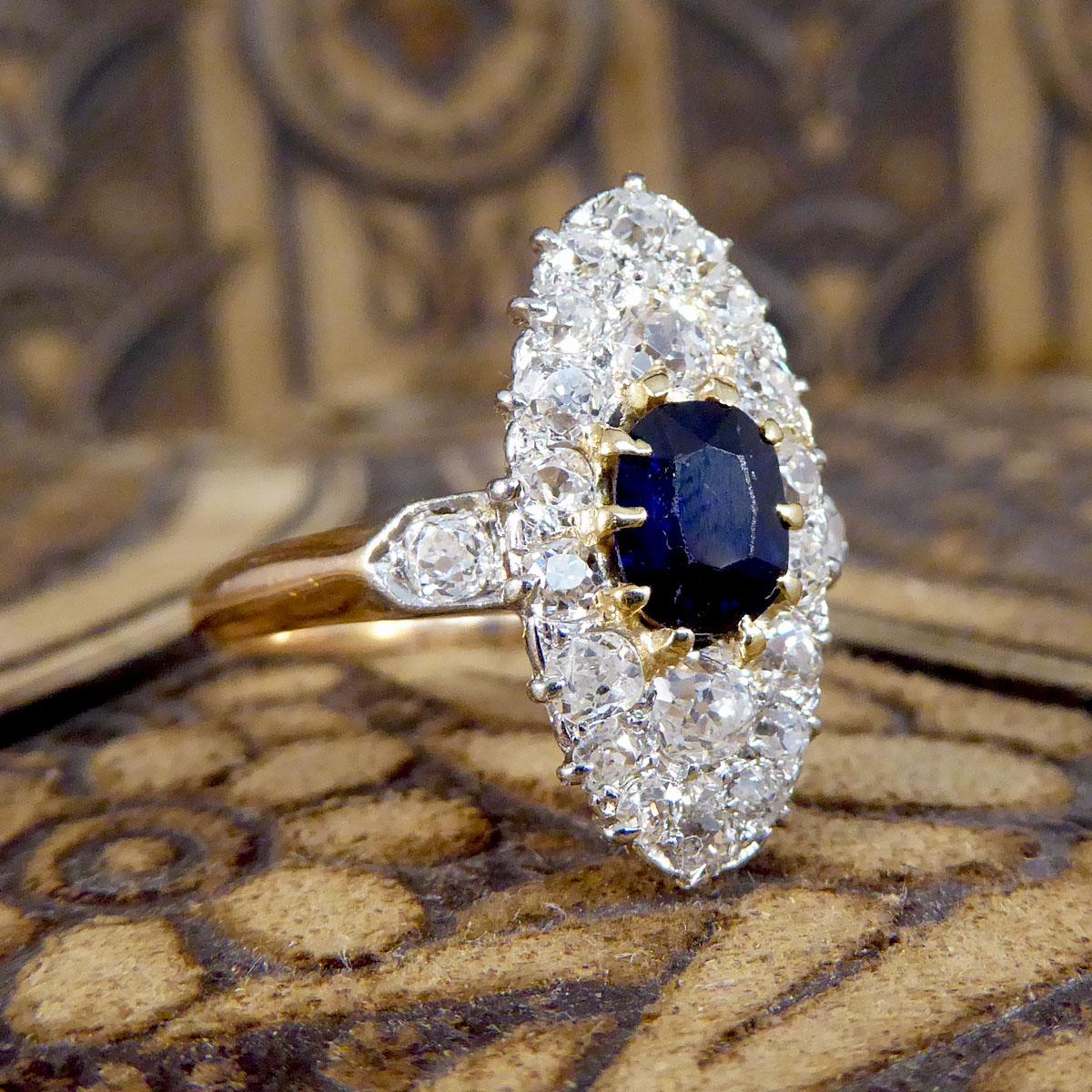 Antique Late Victorian Sapphire and Diamond Marquise Ring in 18ct Trio Gold 3