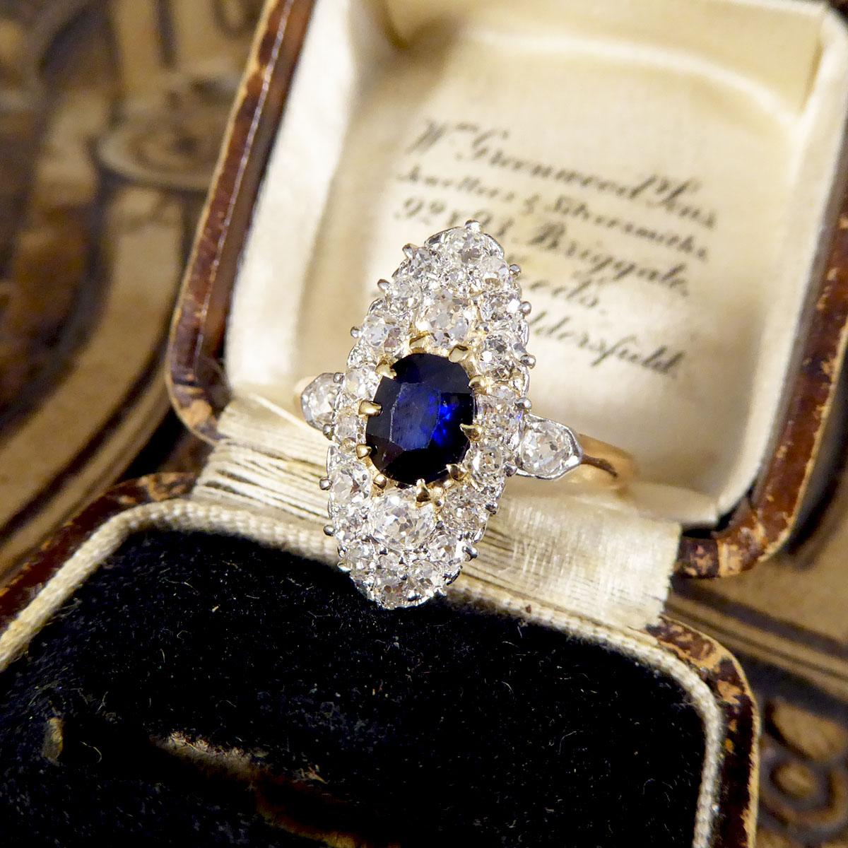 Antique Late Victorian Sapphire and Diamond Marquise Ring in 18ct Trio Gold 4