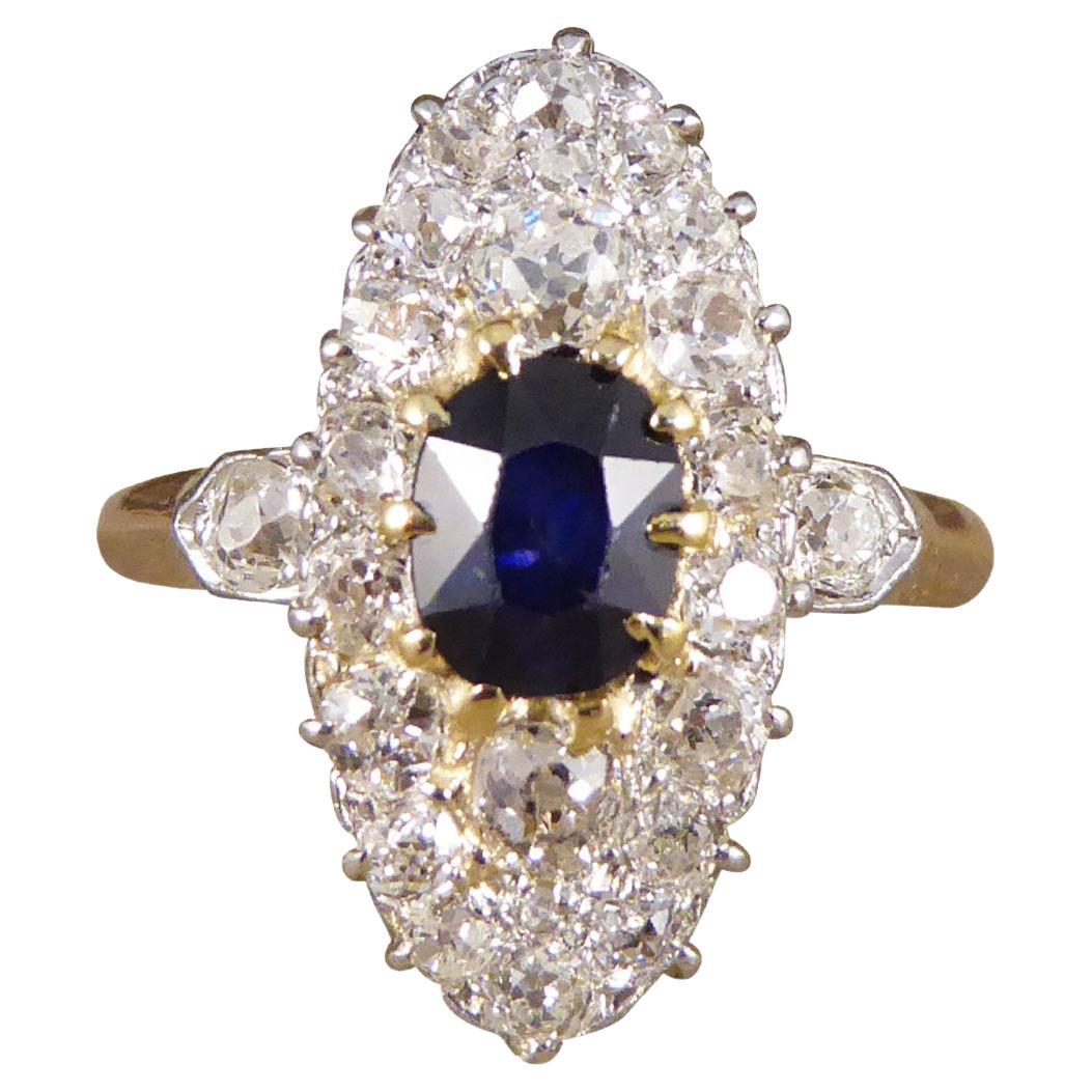 Antique Late Victorian Sapphire and Diamond Marquise Ring in 18ct Trio Gold