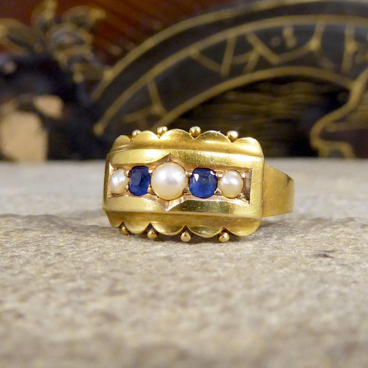 Women's or Men's Antique Late Victorian Sapphire and Pearl Five Stone Ring in 15ct Yellow Gold