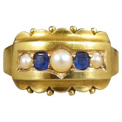 Antique Late Victorian Sapphire and Pearl Five Stone Ring in 15ct Yellow Gold