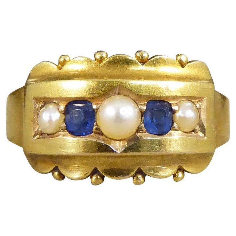 Antique Late Victorian Sapphire and Pearl Five Stone Ring in 15ct Yellow Gold For Sale