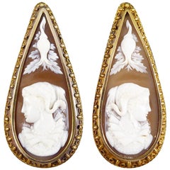 Antique Late Victorian Shell Cameo Ear Pendants in 15ct Yellow Gold
