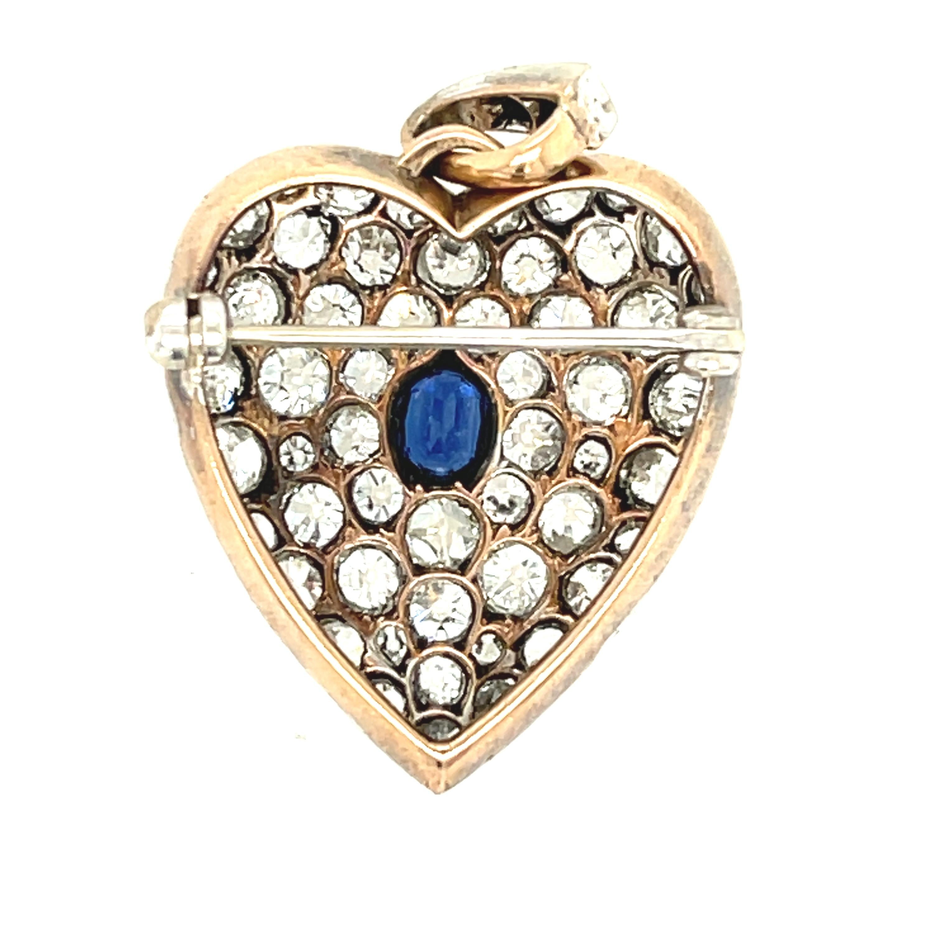 Old Mine Cut Antique Late Victorian Silver Gold Pave Diamond Sapphire Heart Pin Pendant