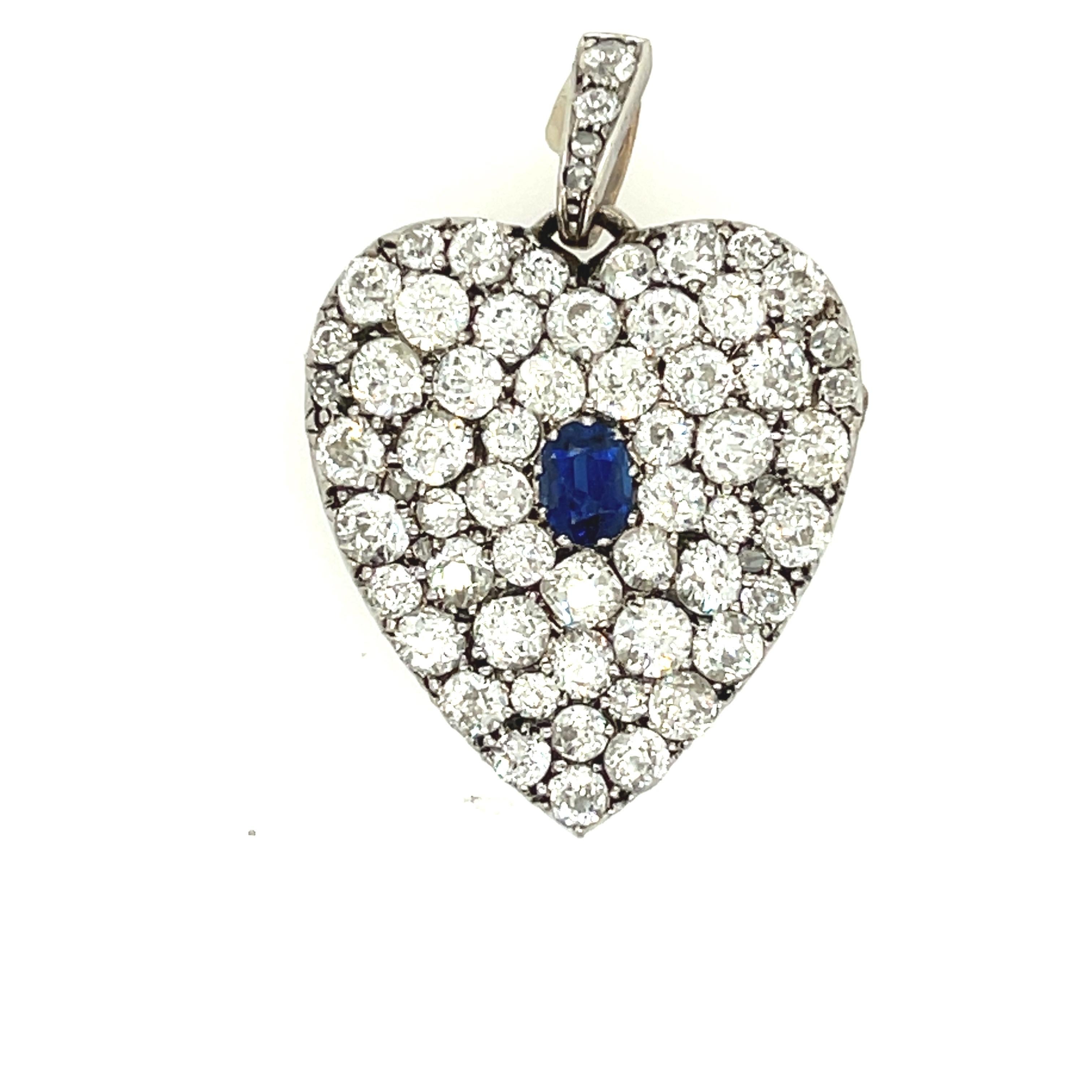 Antique Late Victorian Silver Gold Pave Diamond Sapphire Heart Pin Pendant In Good Condition In New York, NY