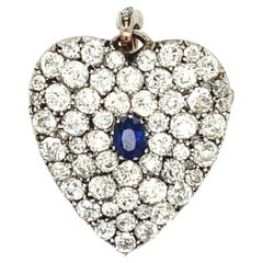 Antique Late Victorian Silver Gold Pave Diamond Sapphire Heart Pin Pendant