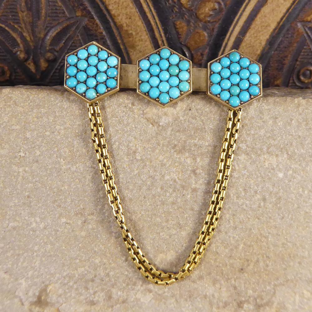 Antique Late Victorian Turquoise Set Brooch with Chains in 15 Carat Yellow Gold 1