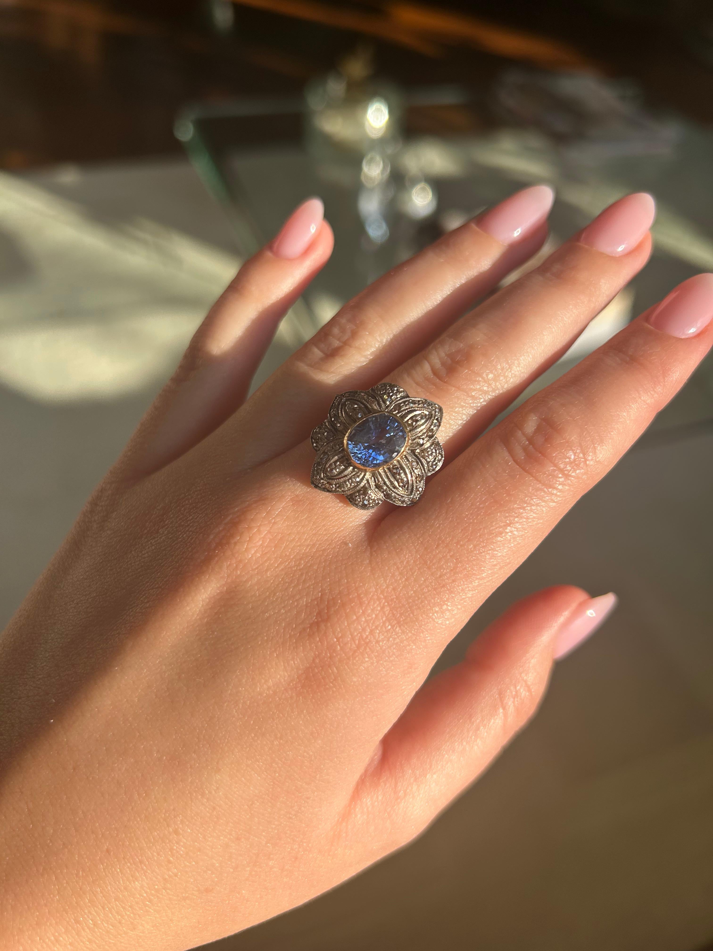 Anello antico tardo-vittoriano non riscaldato con zaffiro di Ceylon e diamante taglio rosa da 3,50 carati in vendita 2