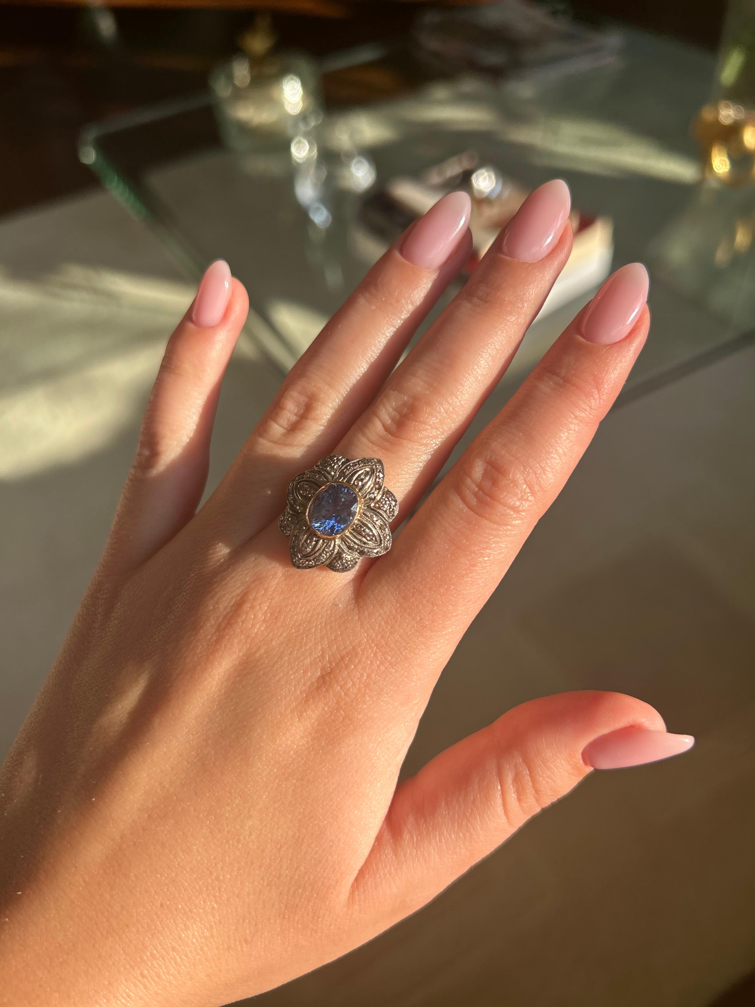 Anello antico tardo-vittoriano non riscaldato con zaffiro di Ceylon e diamante taglio rosa da 3,50 carati in vendita 3