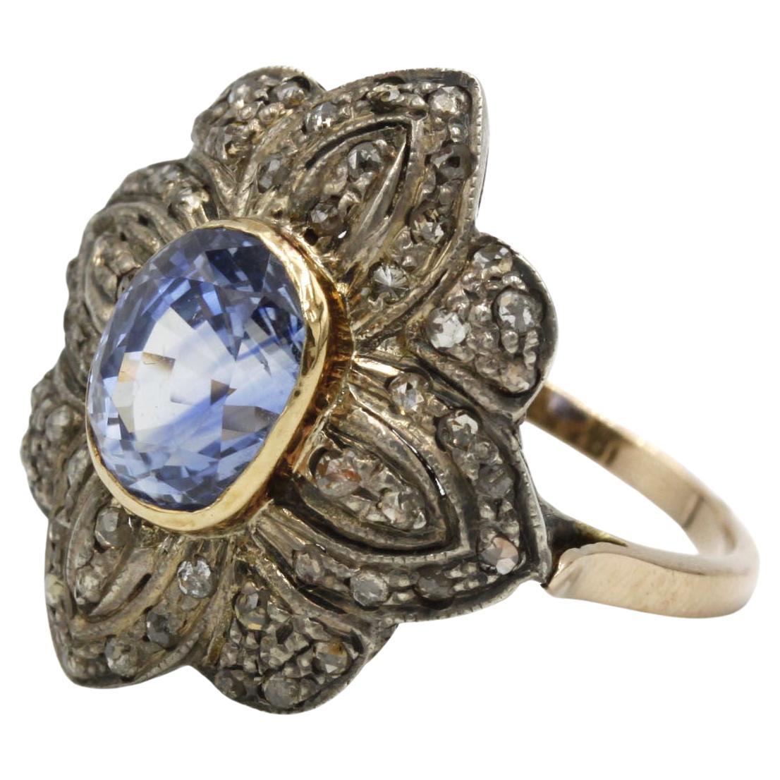 Antique Late Victorian Unheated 3.50 ct Ceylon Sapphire & Rose-Cut Diamond ring