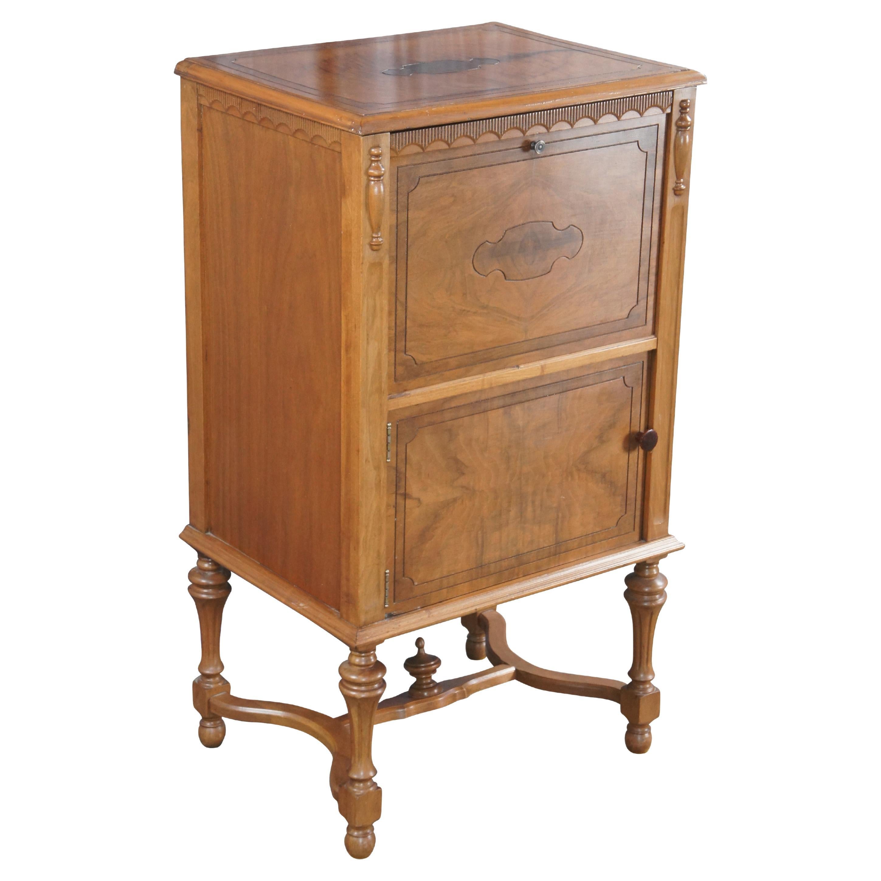 Antique Late Victorian Walnut Burl Music Console Phonograph Cabinet Record Stand