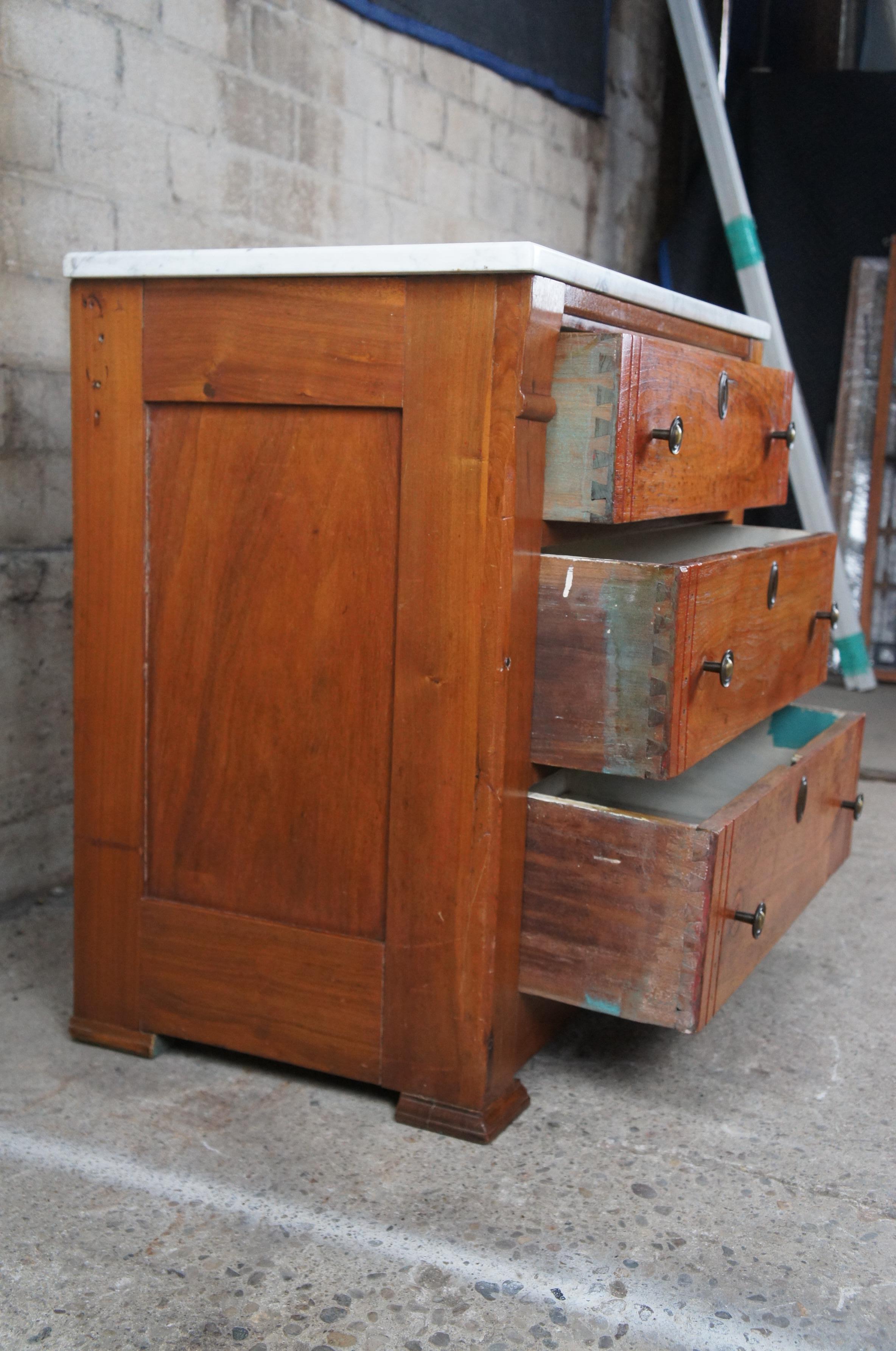 Antique Late Victorian Walnut Marble Top Washstand 3 Drawer Chest Nightstand 3