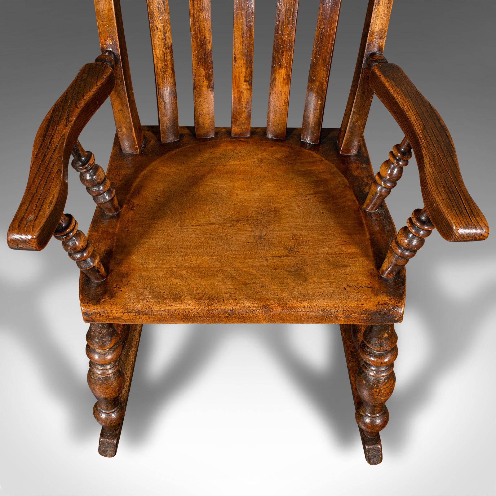 Antique Lath Back Rocking Chair, English Elm, Beech, Elbow Seat, Victorian, 1880 For Sale 5