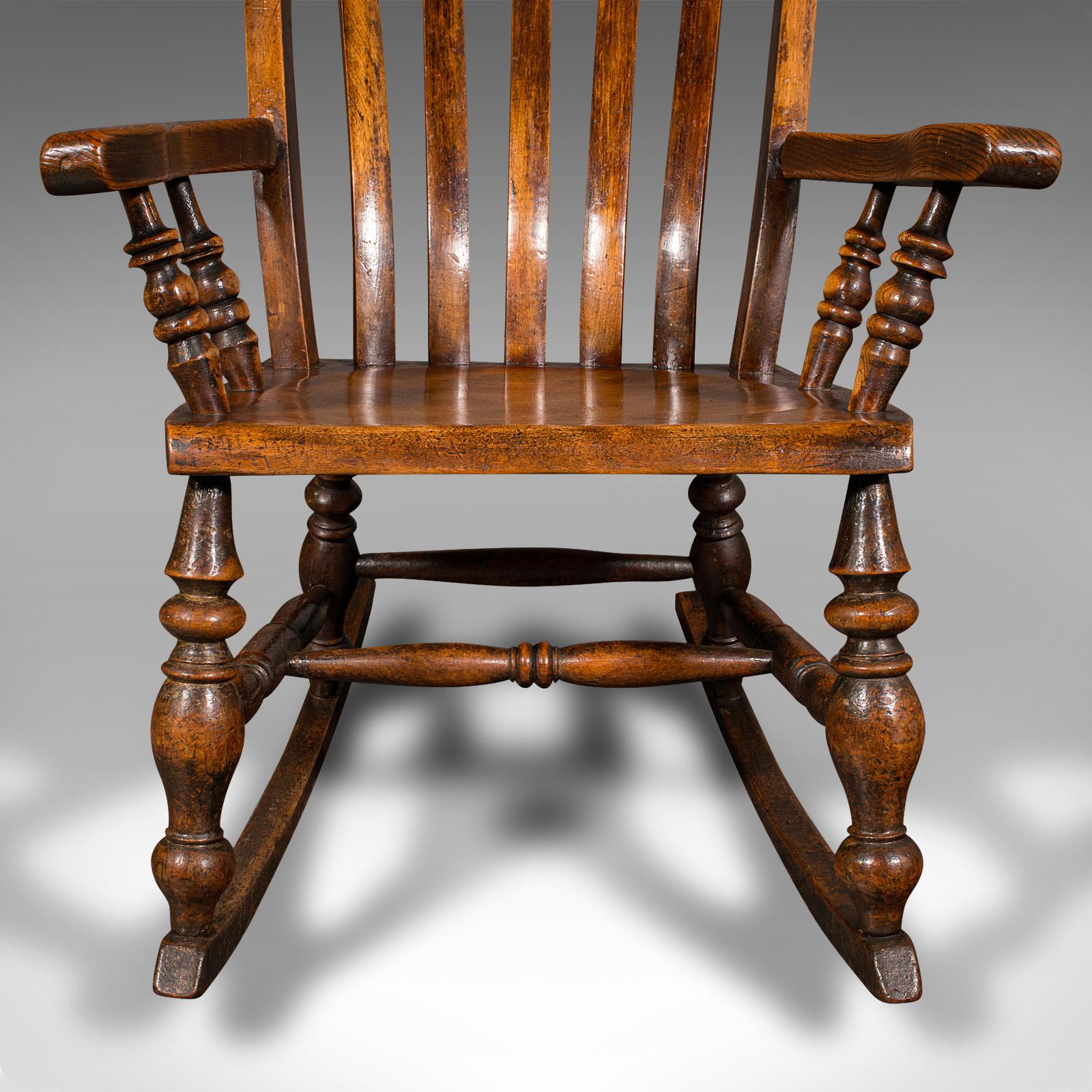 Antique Lath Back Rocking Chair, English Elm, Beech, Elbow Seat, Victorian, 1880 For Sale 6