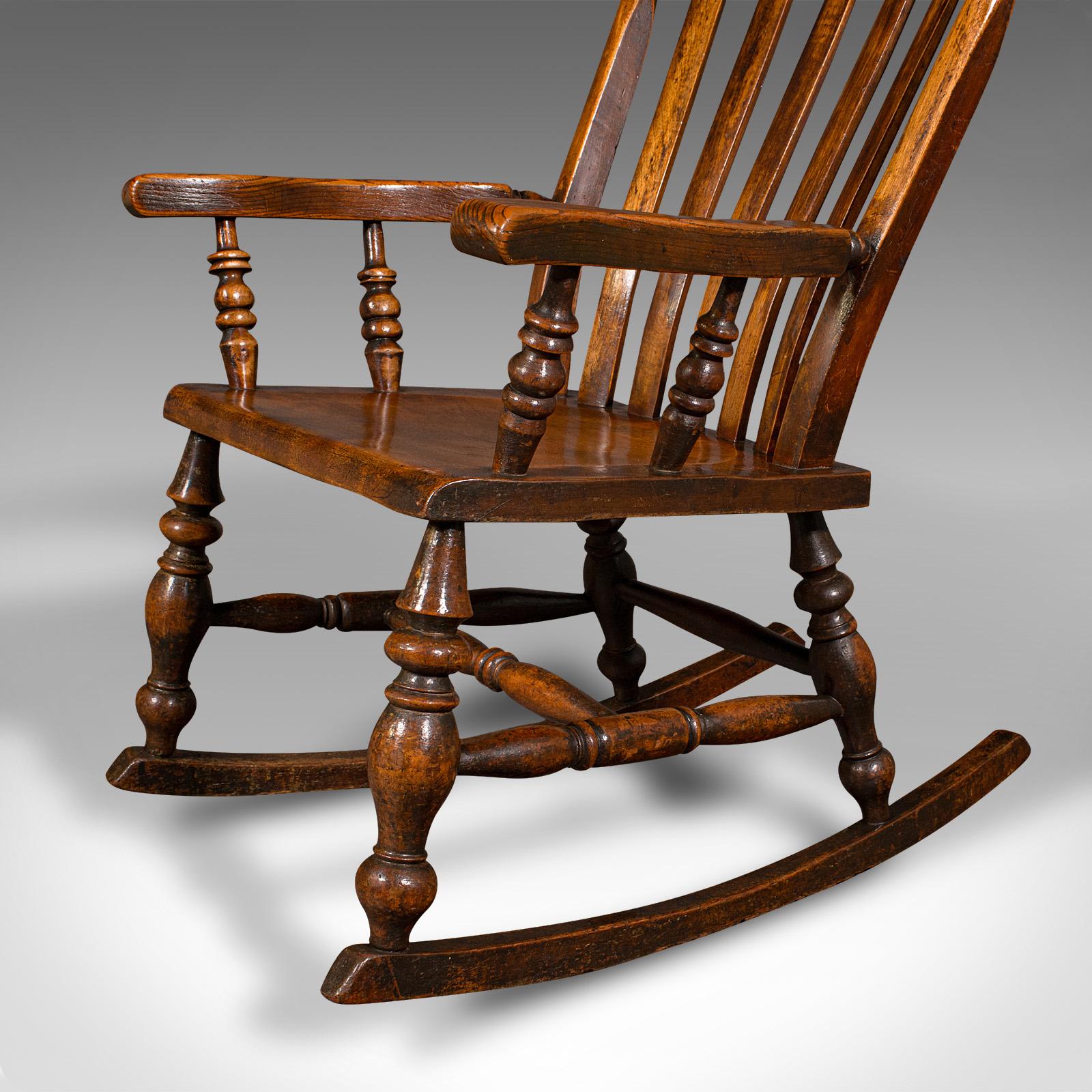 Antique Lath Back Rocking Chair, English Elm, Beech, Elbow Seat, Victorian, 1880 For Sale 7