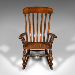 Silla mecedora antigua con respaldo de listón, olmo inglés, haya, asiento con codo, victoriana, 1880