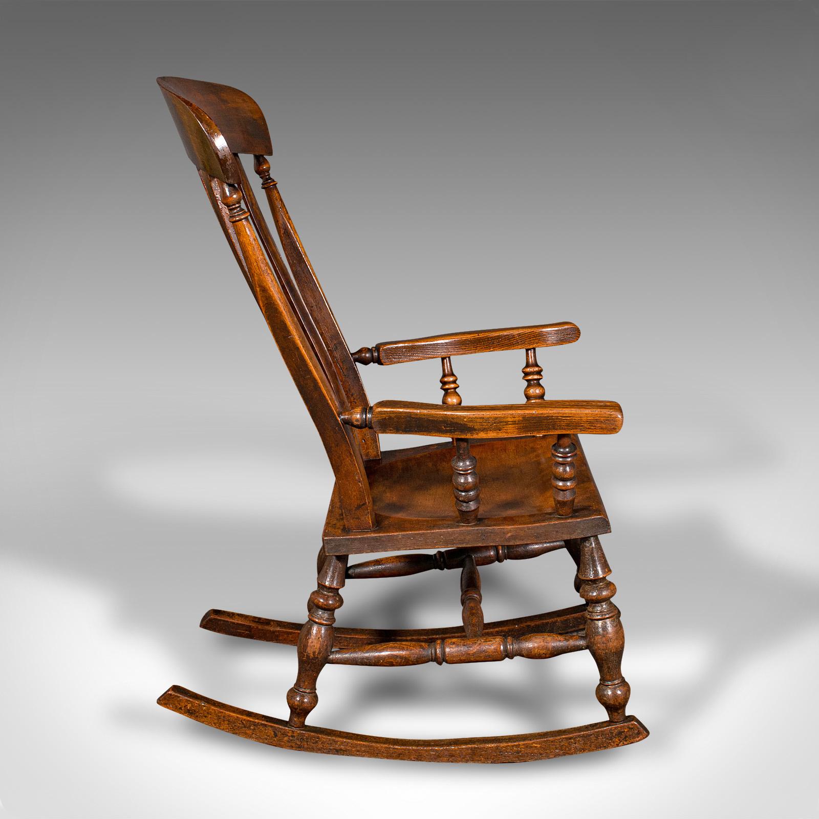 British Antique Lath Back Rocking Chair, English Elm, Beech, Elbow Seat, Victorian, 1880 For Sale