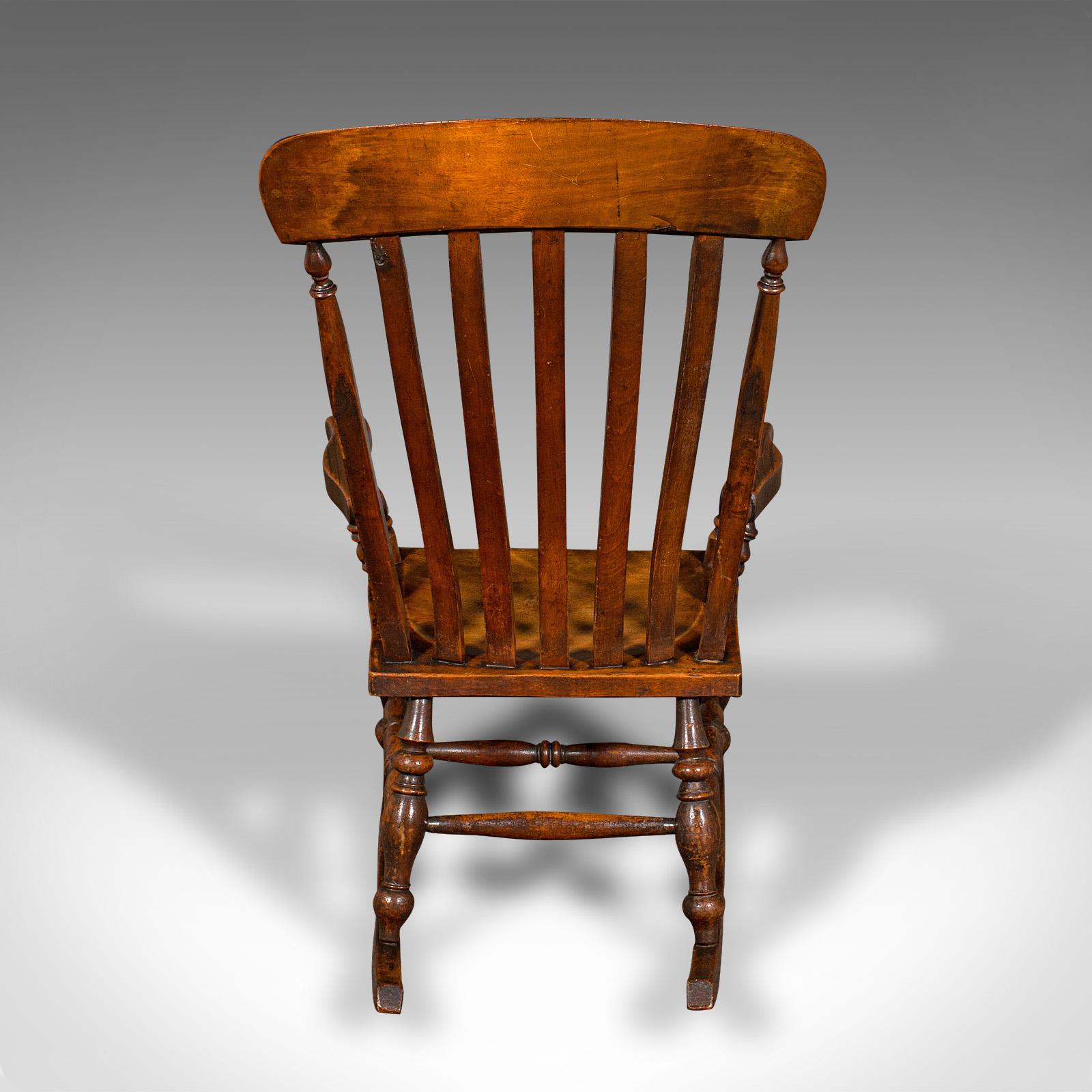 19th Century Antique Lath Back Rocking Chair, English Elm, Beech, Elbow Seat, Victorian, 1880 For Sale