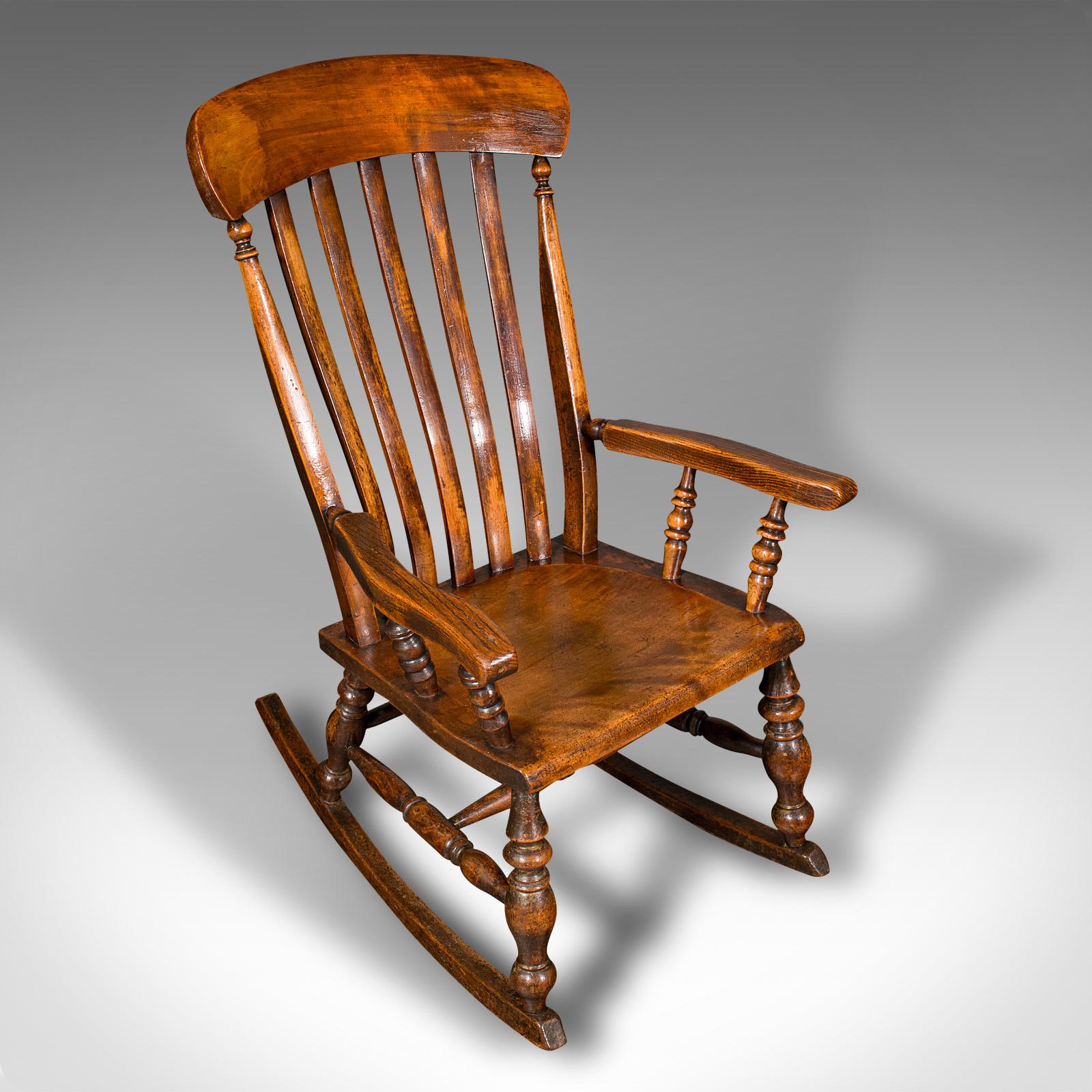 Antique Lath Back Rocking Chair, English Elm, Beech, Elbow Seat, Victorian, 1880 For Sale 1