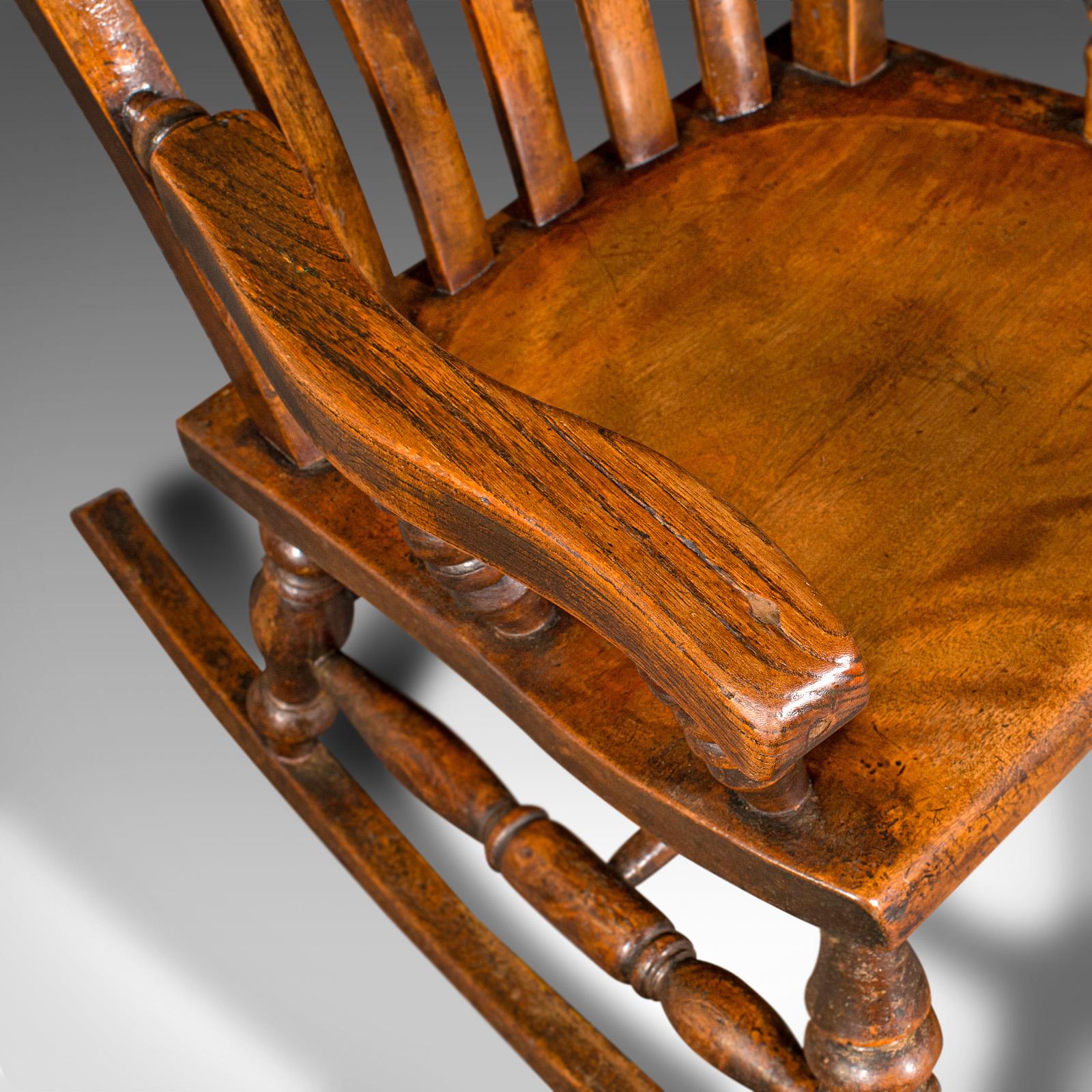 Antique Lath Back Rocking Chair, English Elm, Beech, Elbow Seat, Victorian, 1880 For Sale 2