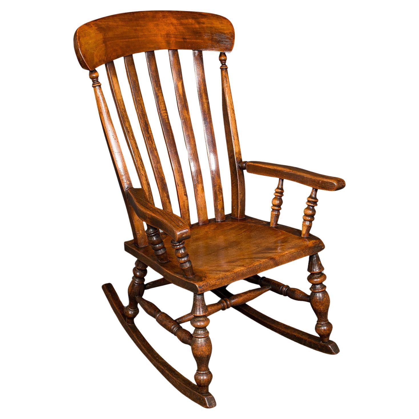 Antique Lath Back Rocking Chair, English Elm, Beech, Elbow Seat, Victorian, 1880 For Sale