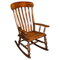 Used Lath Back Rocking Chair, English Elm, Beech, Elbow Seat, Victorian, 1880