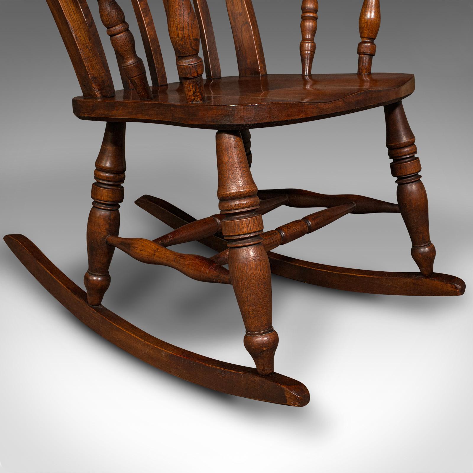 Antique Lath Back Rocking Chair, English Oak, Beech, Elbow Seat, Victorian, 1900 5