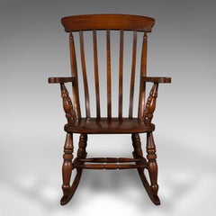 Antique Lath Back Rocking Chair, English Oak, Beech, Elbow Seat, Victorian, 1900